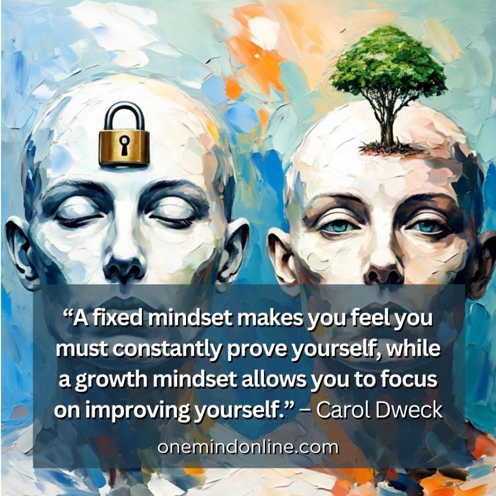 This is a quote by Carol Dweck for meditation: “A fixed mindset makes you feel you must constantly prove yourself, while a growth mindset allows you to focus on improving yourself.” – Carol Dweck